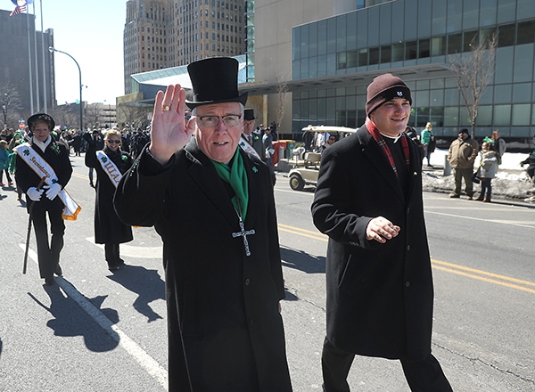Bishop Richard J. Malone and Father Ryszard S. Biernat, march in the City of Buffalo Annual St. Patrick's Day Parade on Delaware Avenue. (Dan Cappellazzo/Staff Photographer)